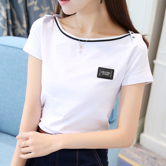 Short-sleeved cotton T-shirt female 2020 summer new wave of ins self-cultivation wild word collar shoulder shirt white bottoming shirt Short-sleeved cotton T-shirt female 2020 summer new wave of ins self-cultivation wild word collar shoulder shirt white bottoming shirt