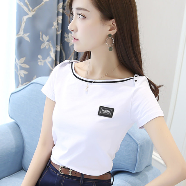 Short-sleeved cotton T-shirt female 2020 summer new wave of ins self-cultivation wild word collar shoulder shirt white bottoming shirt Short-sleeved cotton T-shirt female 2020 summer new wave of ins self-cultivation wild word collar shoulder shirt white bottoming shirt