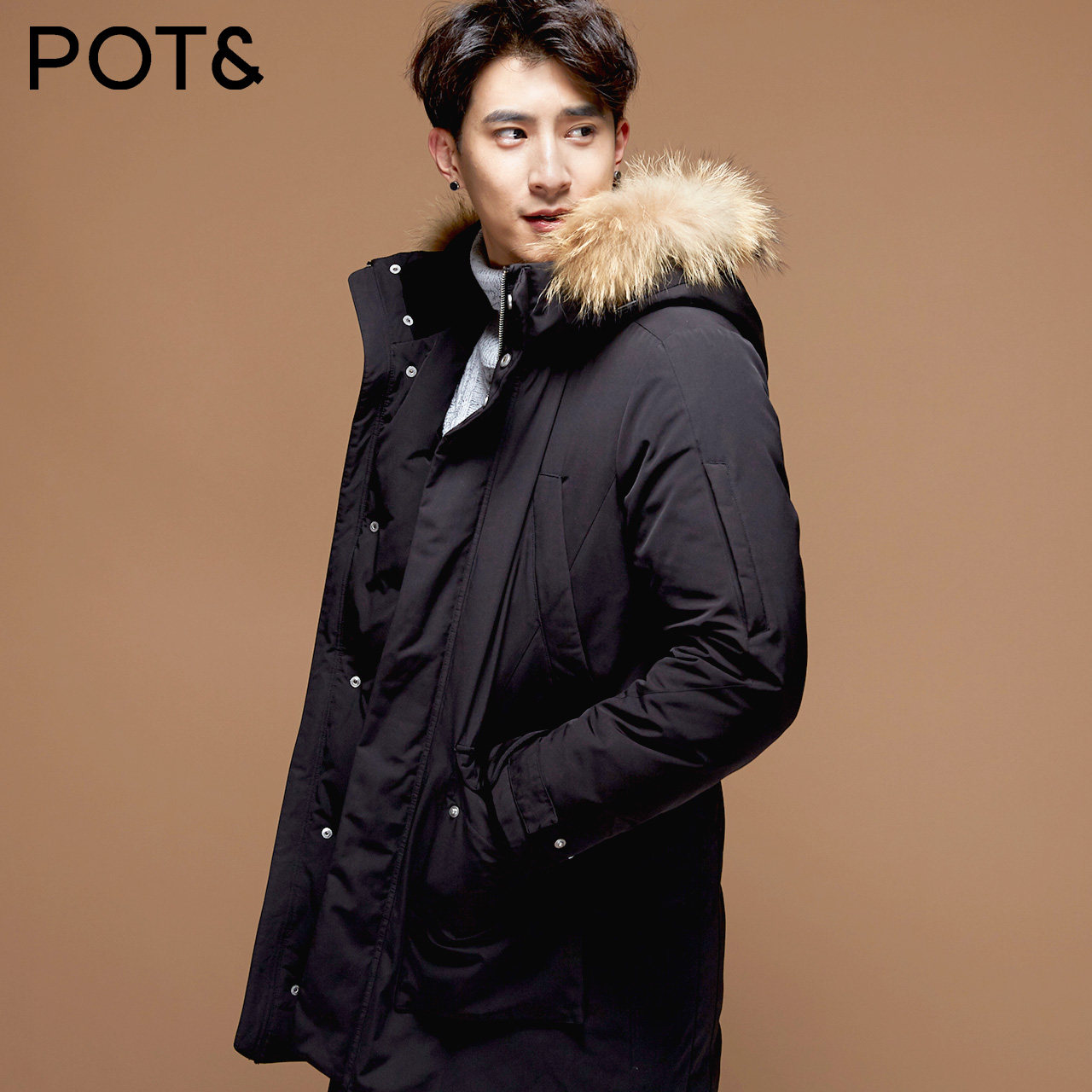 pote拉夏贝尔男装2017新品宽松带毛领连帽长羽绒服外套 商场同款a