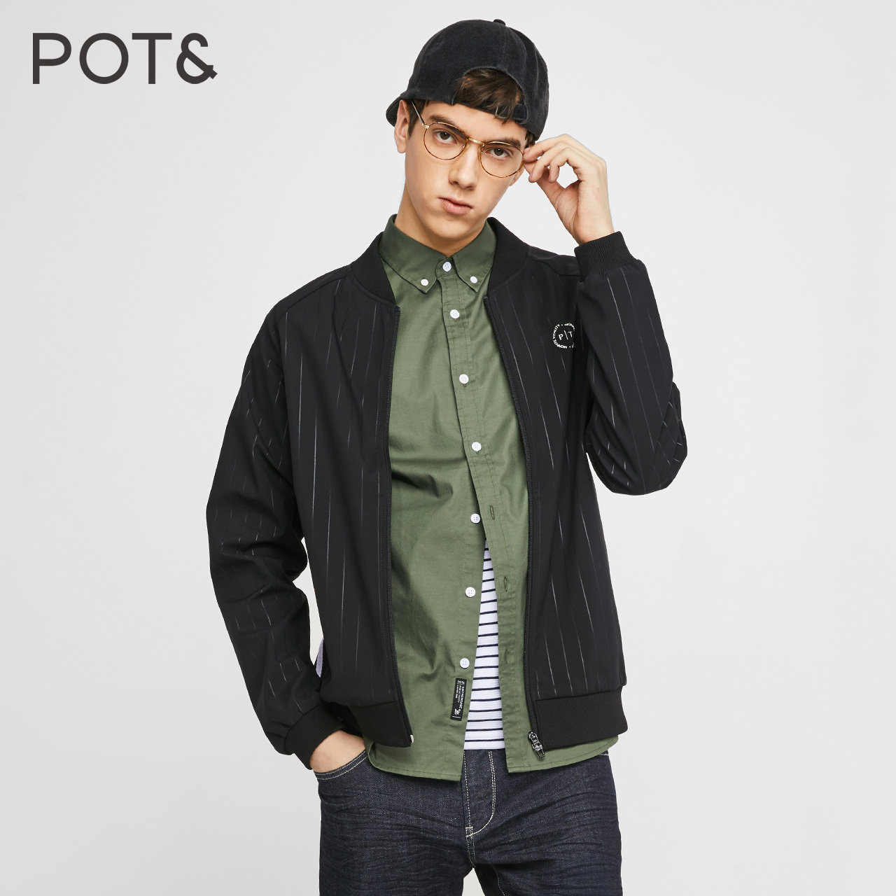 pote拉夏贝尔男装2018春夏新品黑色常规梭织夹克商场同款