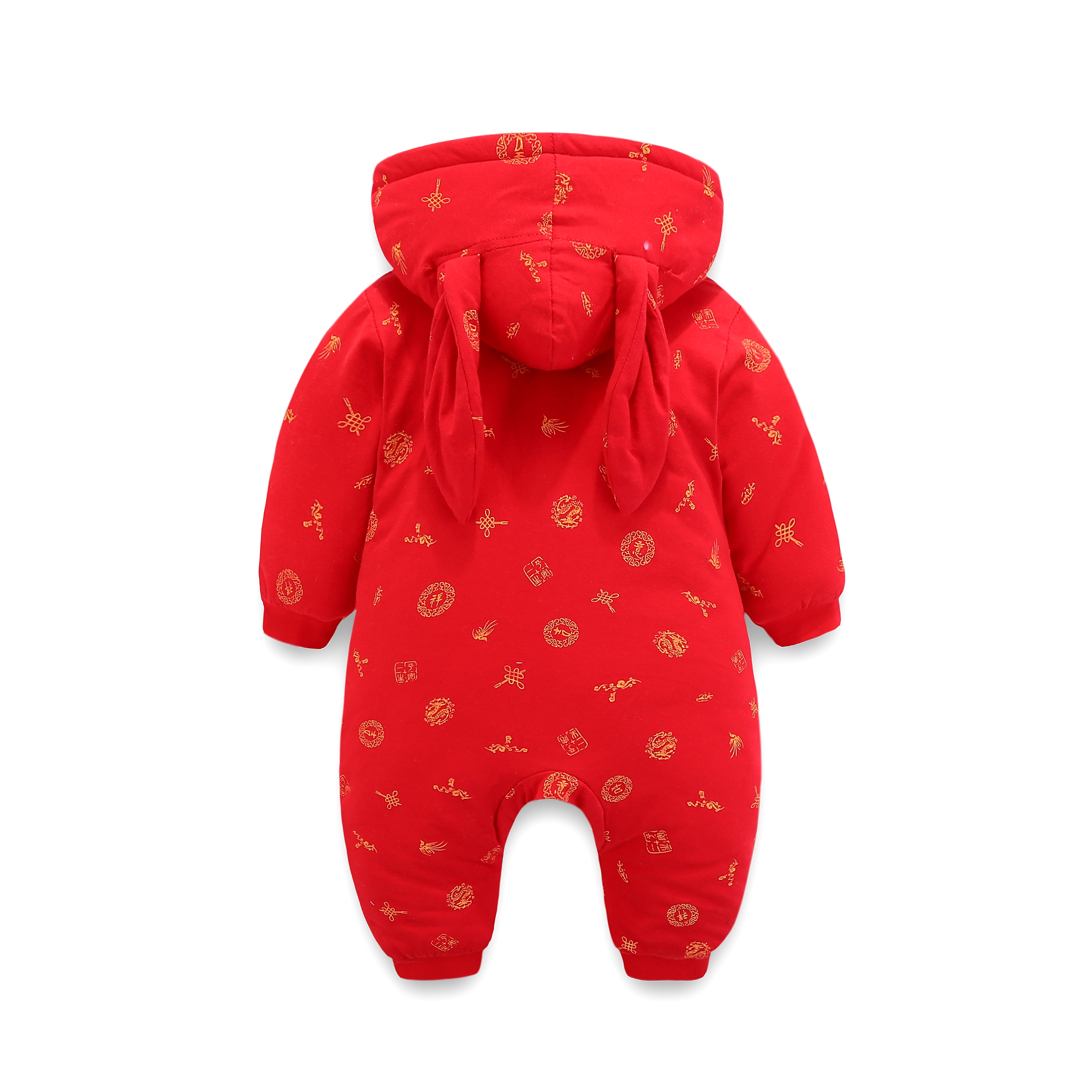 婴儿满月庆大红衣服厚新生儿百日装男宝宝中式唐装纯棉连体衣爬服