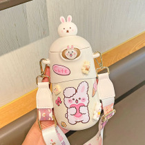 Childrens insulated water glasses for school special rabbit straws cups Cute Skew Satchel Portable Students Net Red Kettle