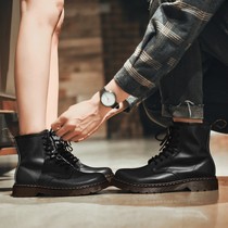 The new black mid-barrel combat boots Martin boots vintage British couple lace-up high-top cowhide net red mountaineering tide boots