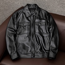 Clearance leather leather leather jacket mens special price lapel short top layer cowhide leather jacket plus cotton large size leather jacket autumn and winter tide