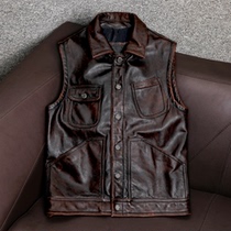 Amei Kazi head layer pure cowhide vest men short slim leather vest leather jacket lapel autumn