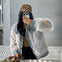 2021 Haining autumn and winter New fox fur stitching denim fashion Korean short young fur coat