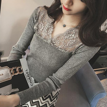 2019 autumn new V-neck sexy pullover lace knitwear womens long-sleeved t-shirt slim lace shirt bottoming shirt tide