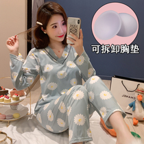 Han Edition Spring and Autumn long sleeve cotton pajamas thin sweet cute loose large and breast mat home suit