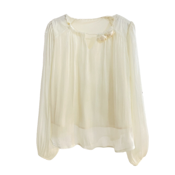 French gentle pearl round neck long sleeve shirt for women in spring design three-dimensional flower lantern sleeve chiffon shirt top
French gentle pearl round neck long sleeve shirt for women in spring design three-dimensional flower lantern sleeve chiffon shirt top