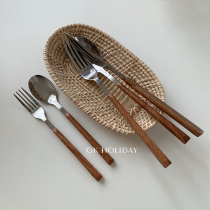Inimitable wood grain slender handle knife fork spoon Western dining breakfast sweet spoons Korean wind restaurant stainless steel fruit fork