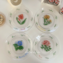 South Korea Ins Wind Retro Hand-painted Flowers Tempered Glass Disc Can Microwave Heated Flower Restaurant Cutlery Dish