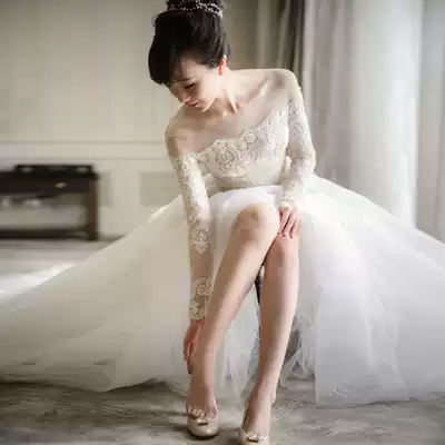 (Yunxi)Autumn and summer one-shouldered wedding dress long-sleeved big tail Qi Di halter court lace diamond bride pregnant woman