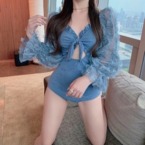 Net red hot spring swimsuit female 2021 new fairy fan sexy long sleeve slim belly thin student conjoined Conservative