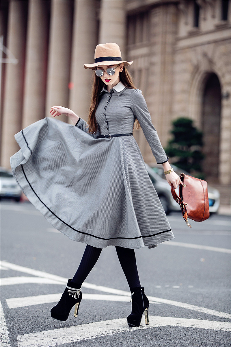 6882#实拍 丹青 秋冬新款复古文艺英伦千鸟格子知性赫本风连衣裙