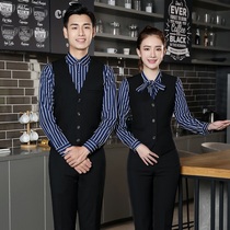 Restaurant waiter overalls Long-sleeved mens and womens striped shirt tops Hotel coffee hot pot shop cashier clothing