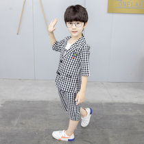 Boys suit summer British small suit casual short-sleeved boy plaid vest three-piece Korean dress suit