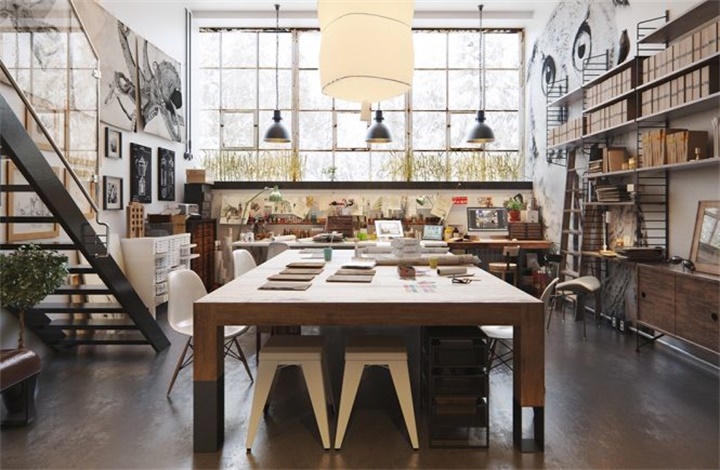 小型工作室loft工业风复古清新办公室装饰装修设计图片效果图素材