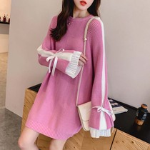Pregnancy Woman Dress Autumn Clothing Fashion style Exterior Wearing Sweater Skirt Autumn Winter style Loose Medium Long Knit Suit Winter Dress Underskirt