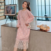 Pregnancy Woman Dress Autumn Clothing Foreign Air Suit Gentle Wave Point Lace Splicing Sweater Skirt Autumn Winter Clothing can be breastfed in winter