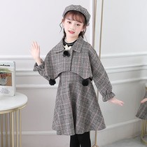 Korean girls dress suit autumn and winter style children's grid grid a character fashion princess winter suit three-piece set