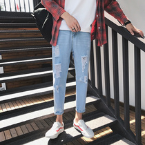 Summer new Korean version of mens hole nine points jeans youth trend Hundreds of students loose beggar pants