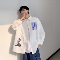 Gangfeng autumn literary print long sleeve shirt mens trend Korean loose shirt student handsome ins jacket