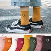 Smiley socks children lovely day line ins tidal grid red socks trembling Korean version ulzzang stockings four season