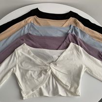 Cotton V-collar knot ballet gymnastics suit outside small shoulder long sleeve short high waist dance practice suit blouse