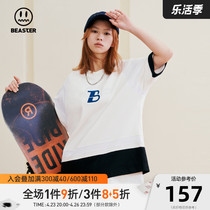 BEASTER New Wave Little Devil Ghost Face Splicing Letters T-shirt Embroidery Design Casual Short Sleeve Blouse