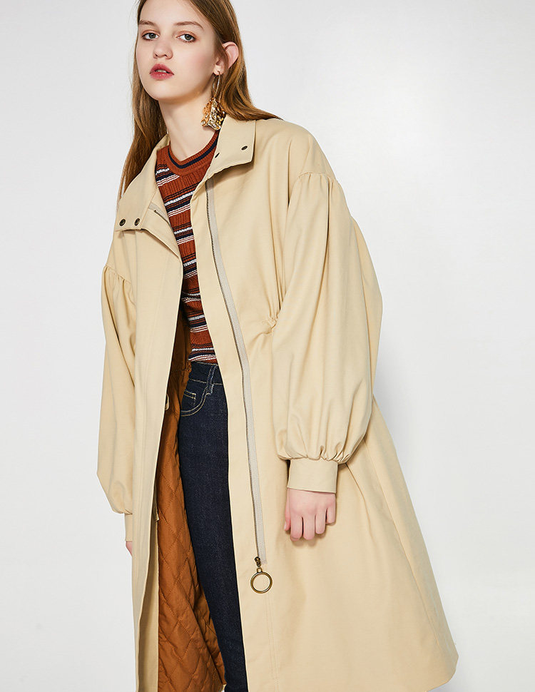 西遇女装2018春季新款圆环拉链抽绳束腰灯笼长袖风衣女中长款外套