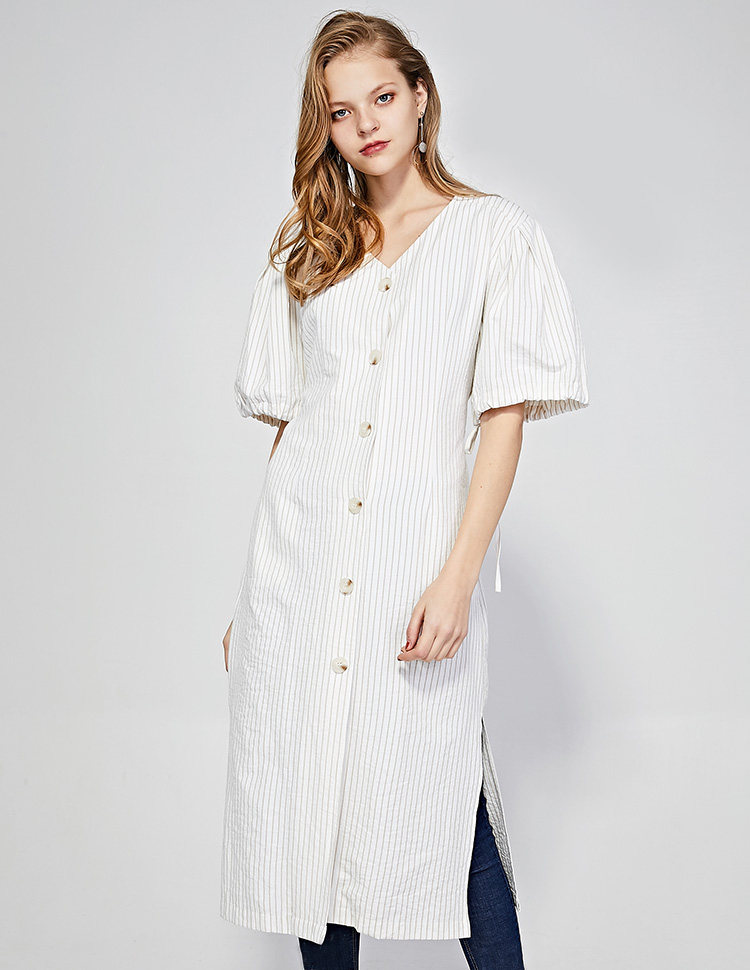西遇女装2018春季新款通勤简约绑带公主袖v领条纹连衣裙短袖束腰