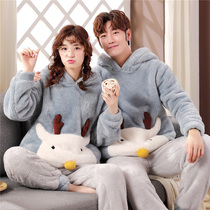 Couple pajamas coral velvet autumn and winter thickened velvet warm men and women cute cartoon flannel homewear suit