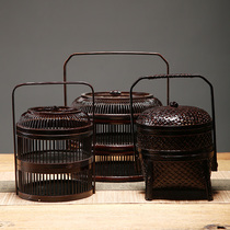 Bamboo large lacquer basket hand woven refreshment basket double layer Japanese tea set storage basket with cover hollow food box