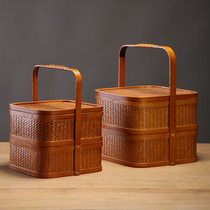 Handmade bamboo double layer retro food box carrying basket delivery basket snack basket snack basket moon cake gift box with lid tea set storage basket