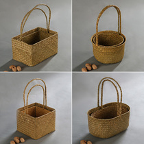 Handmade seagrass woven basket storage basket bamboo handle basket basket picking basket creative decoration storage basket