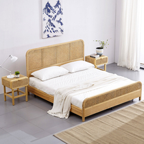 Japanese solid wooden bed Nordic retro modern double bed 1 5m1 8m hotel host bed bamboo and rattan bed