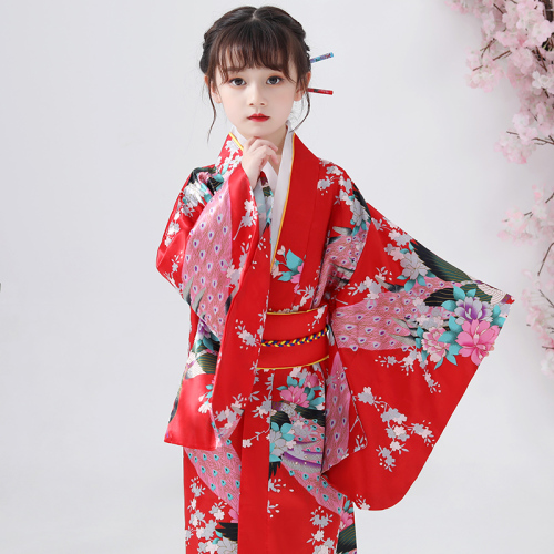  Japanese kimono dress for boys girls children Traditional Japanese Style film cosplay Peacock Yukata kimono Dress for girls