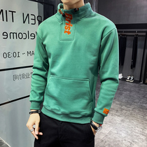 Semi-high collar tide brand plus velvet clothes men tide ins spring and autumn Korean version of slim youth embroidery coat base shirt