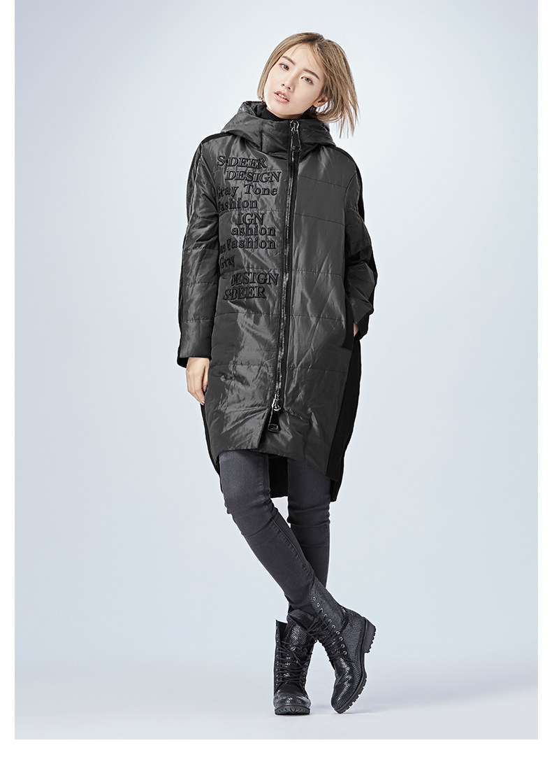 sdeer圣迪奥2018冬装宽松街头字母绣花拼接长款羽绒服女s16482482