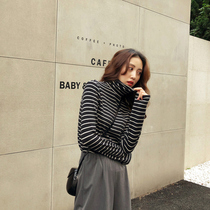 Crab lane brushed cotton striped high-neck bottoming shirt 2019 autumn and winter new casual all-match long-sleeved T-shirt women