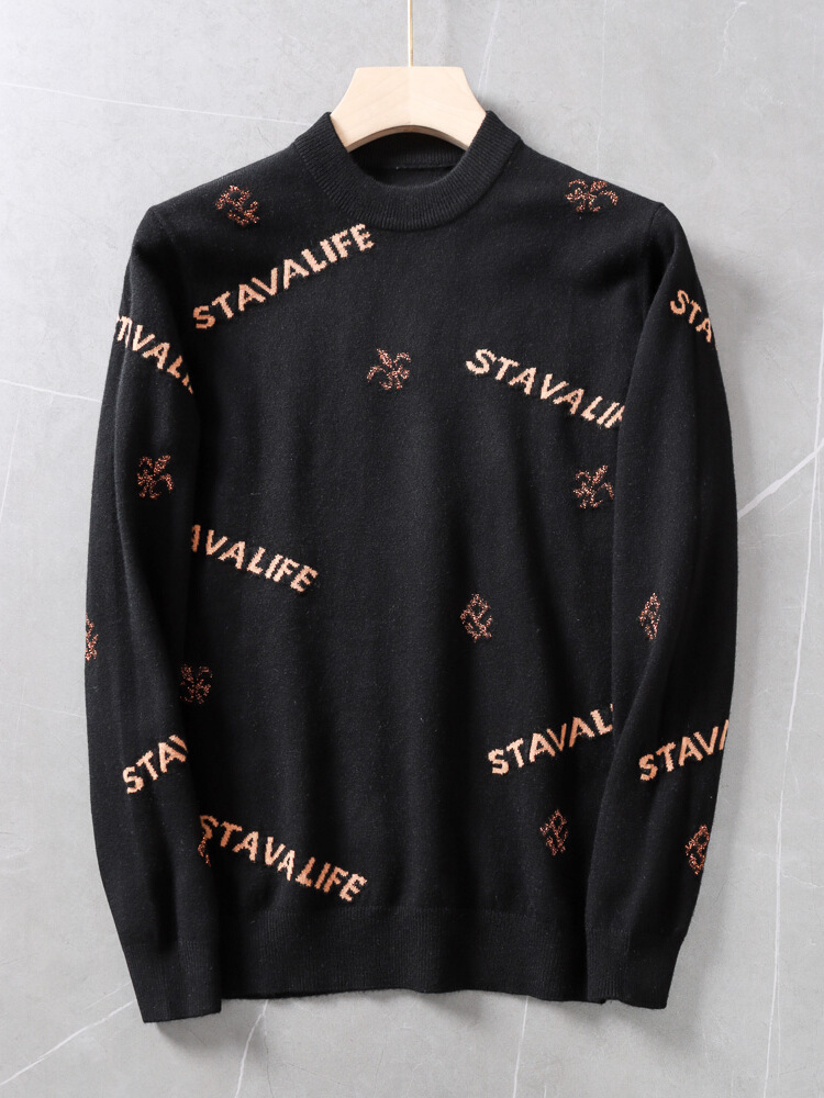 Wool + Camel Velvet Brand Tail Single Men's Fall Winter Fashion Letter Jacquard round Neck Sweater Sweater Sweater Sweater