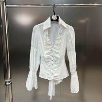 Grapefruit MM2022 autumn deep V lapel long-sleeved pleats single-breasted waist strap pure desire wind ins small shirt