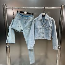 Grapefruit MM2022 autumn lapel long-sleeved pocket ironing diamond shiny denim jacket straight-leg pants heavy industry suit