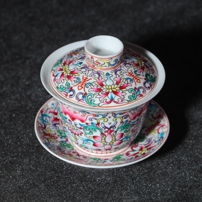 Three bowl is only offered home - cooked in jingdezhen porcelain tea tureen hand - made colored enamel checking ceramic tea cups