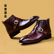 Mens High Top Leather Shoes Crocodile Pattern Retro Sleeve British Style Martin Boots Pointed Toe Booties Youth Short Tooling Boots
