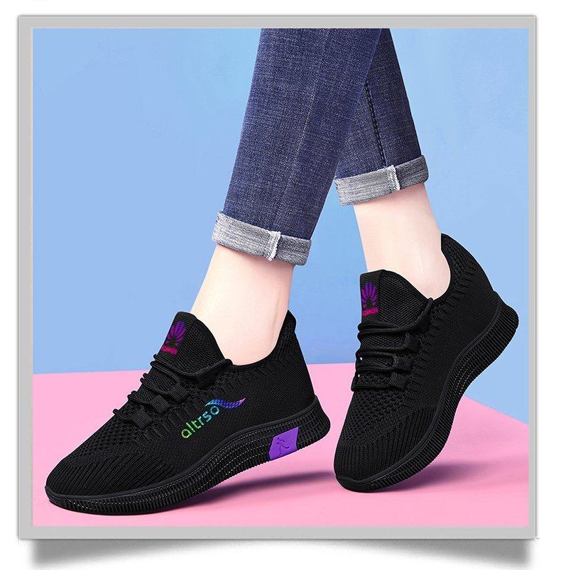 足意尔康飞织透气女鞋软底平底跑步旅游单鞋2021春秋款休闲运动鞋