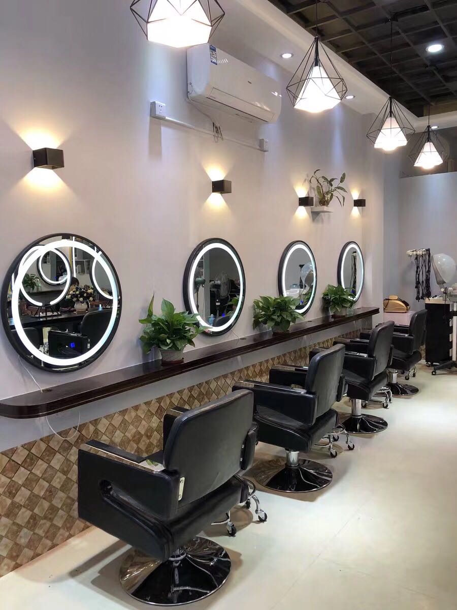 半圆网红美发镜台简约理发店潮款发廊潮店单面壁挂式带灯剪发镜子