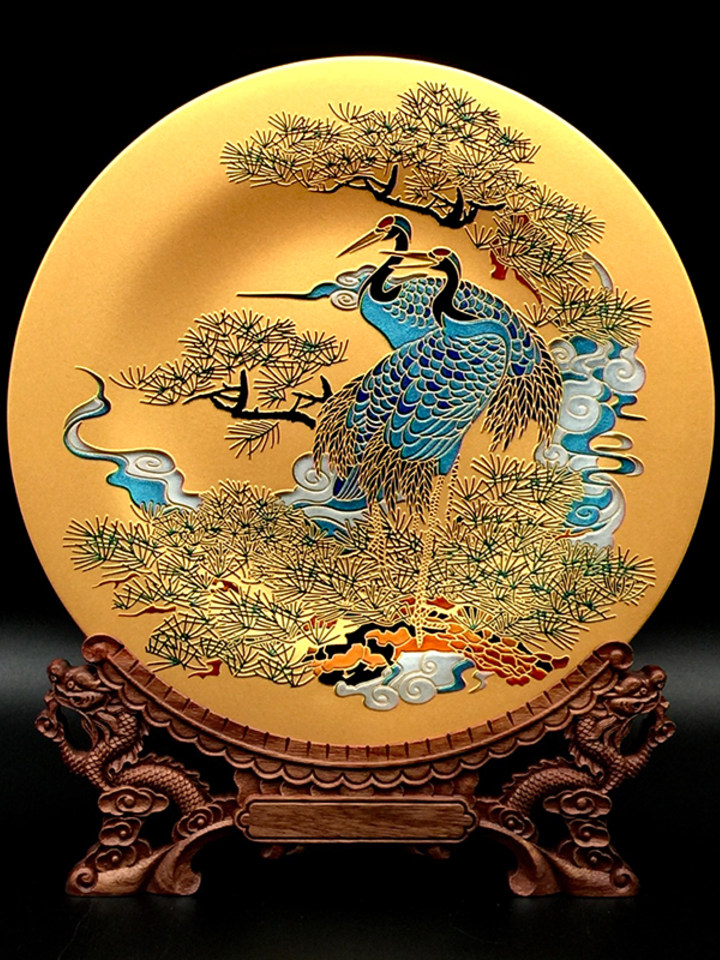 水晶纪念盘双面雕描金工艺品