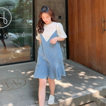 Sandro Moscoloni Summer new lace splicing denim dress with dress lotus leaf edge ultra-thin fake two