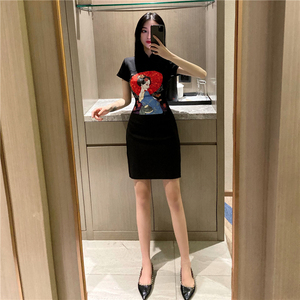 Fashion personality beauty head print short sleeve slim slit modified dress